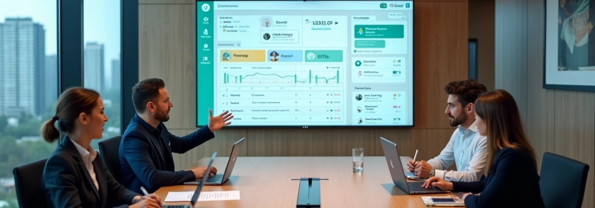 Síndico profissional em reunião com administradora de condomínios diante de painel digital