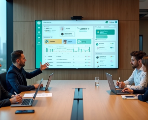 Síndico profissional em reunião com administradora de condomínios diante de painel digital