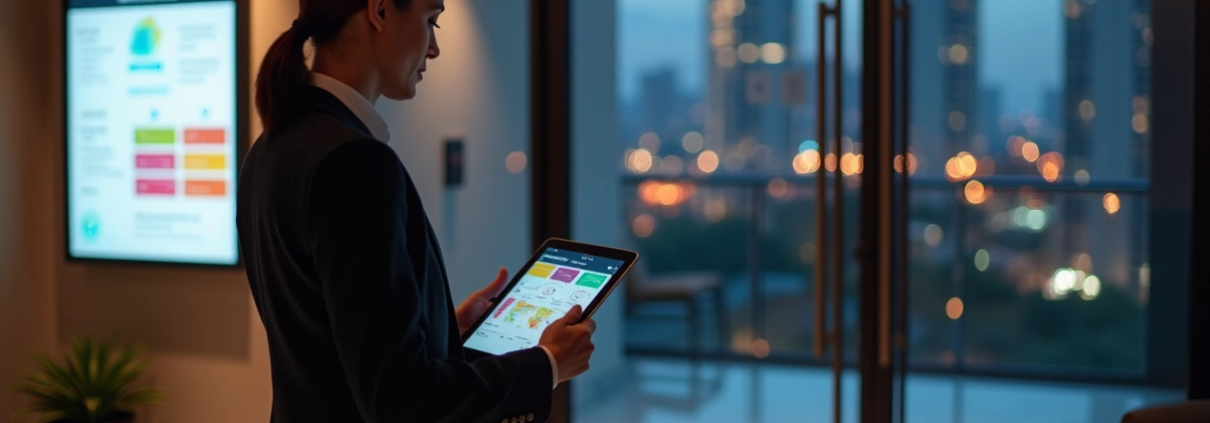 Síndico analisando app de gestão condominial em tablet na portaria