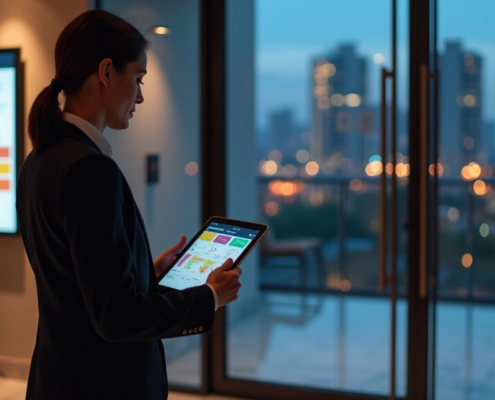 Síndico analisando app de gestão condominial em tablet na portaria