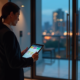 Síndico analisando app de gestão condominial em tablet na portaria