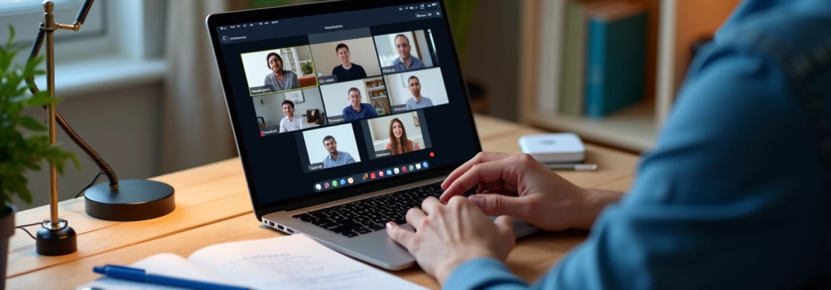 Síndico em home office anotando evidências durante assembleia virtual em notebook