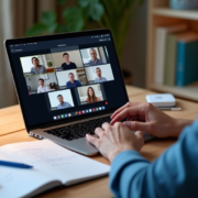 Síndico em home office anotando evidências durante assembleia virtual em notebook