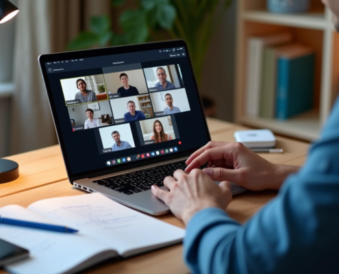 Síndico em home office anotando evidências durante assembleia virtual em notebook