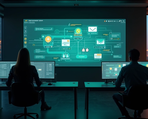 Painel central de controle exibindo fluxos automatizados de condomínio