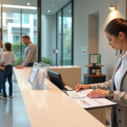 Recepcionista de condomínio organiza protocolos de atendimento no balcão moderno