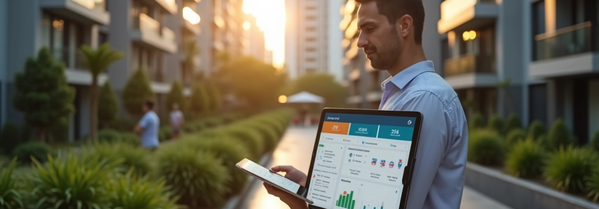 Síndico profissional analisa painel digital em tablet na área externa do condomínio